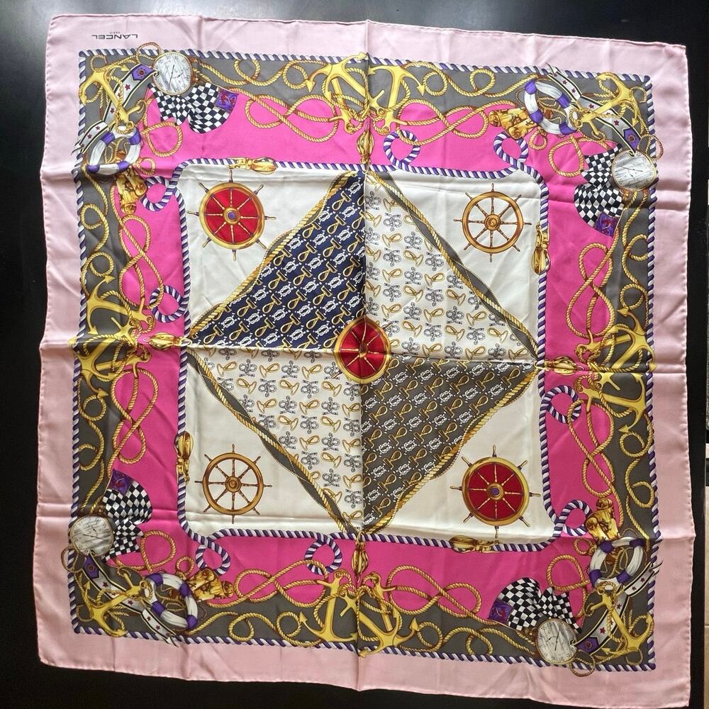 LANCEL Nautical Square Silk Scarf Pink Rope Anchor Clock 34.3in